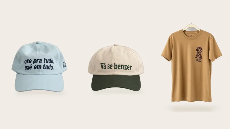 Bonés Oxe pra tudo e Vá se benzer e camiseta Abre caminho