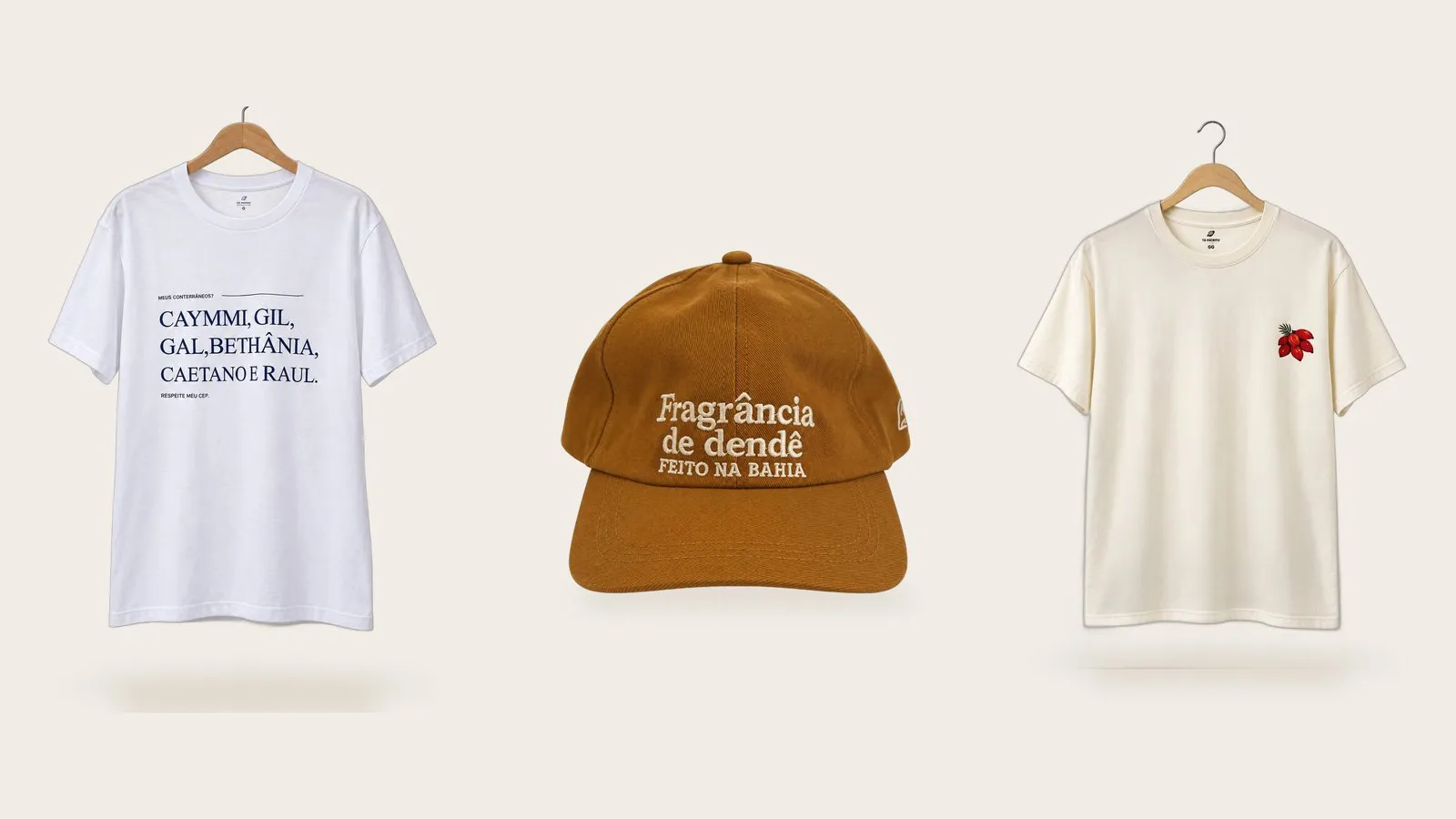Camiseta Meus conterrâneos, boné Fragrância de dendê e camiseta Dendê