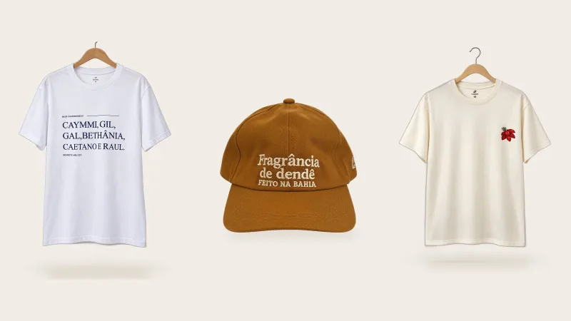 Camiseta Meus conterrâneos, boné Fragrância de dendê e camiseta Dendê
